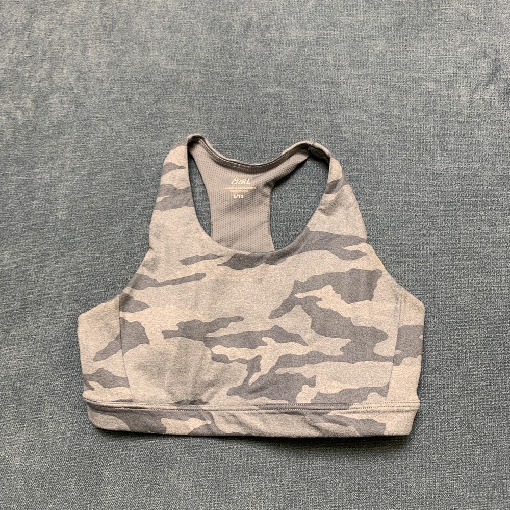 Athleta Sports Bra Girls L/12 Gray Camo Stretch Training Gym Racerback Athletic